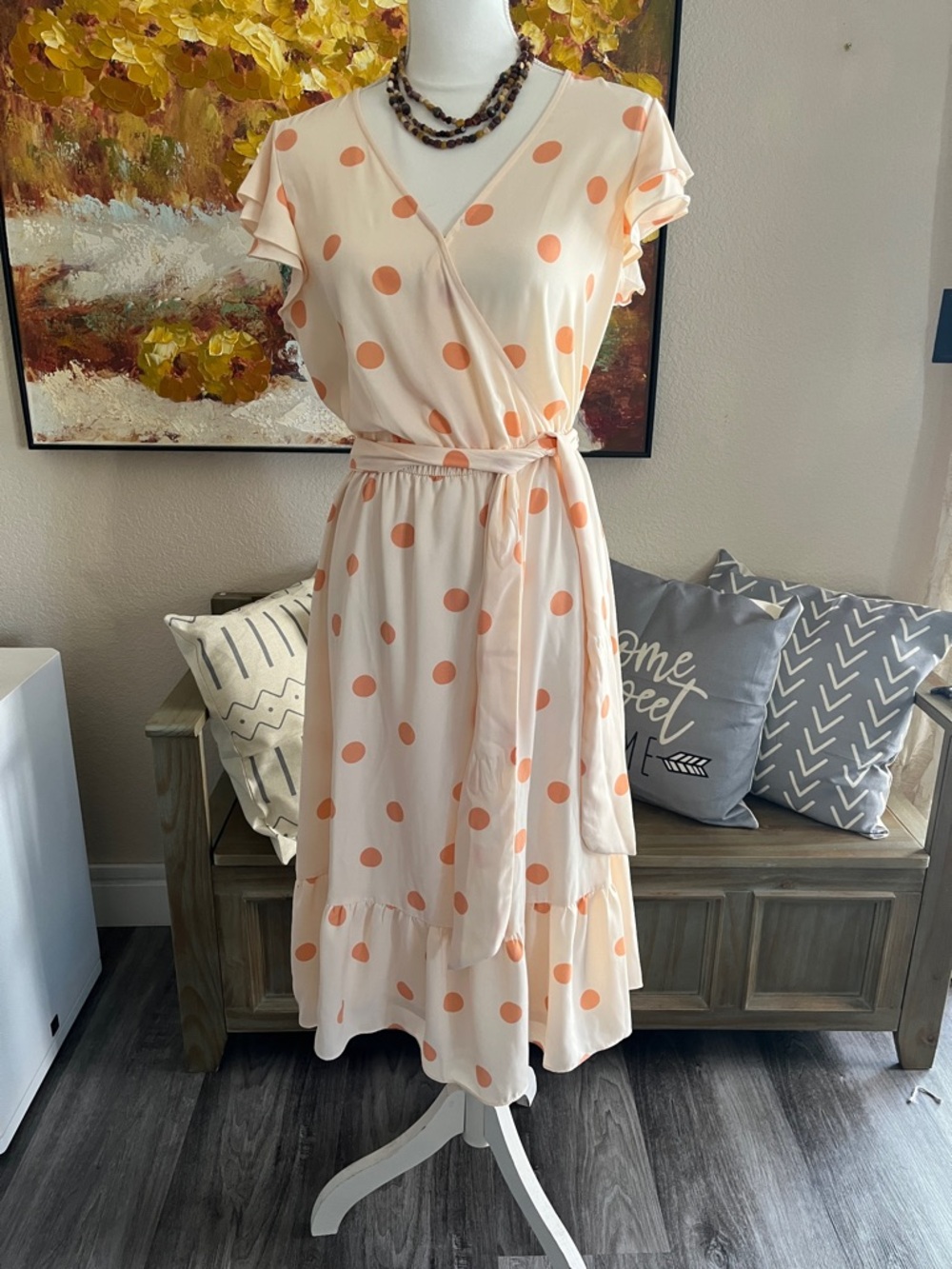 LC Lauren Conrad Peach Polka Dot Wrap Midi Dress